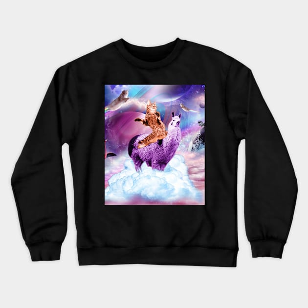 Kitty Cat Riding On Rainbow Llama In Space Crewneck Sweatshirt by Random Galaxy